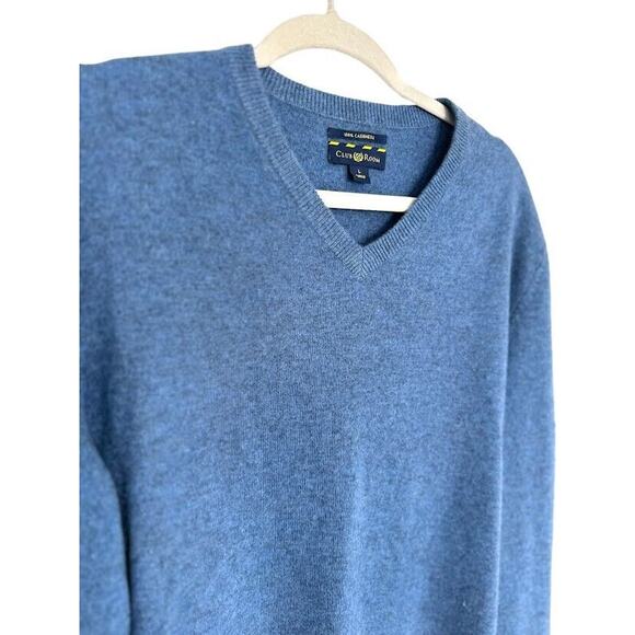 Club Room 100% Cashmere Sweater Men Large  V Neck Blue Preppy Bus Casual Large L - Picture 2 of 6